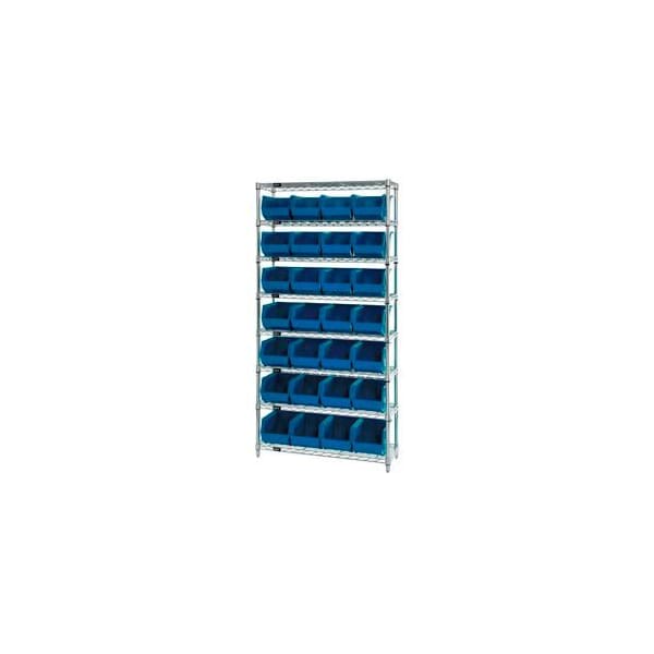 Global Industrial Chrome Wire Shelving w/ 28 Stacking Blue Bins, 36inW x 12inD x 74inH, Gray 268926BL - main